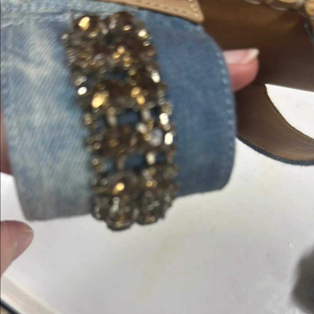 Crown Vintage Denim Blue and Tan Sandals with Studded Jeweled Straps Sz 9